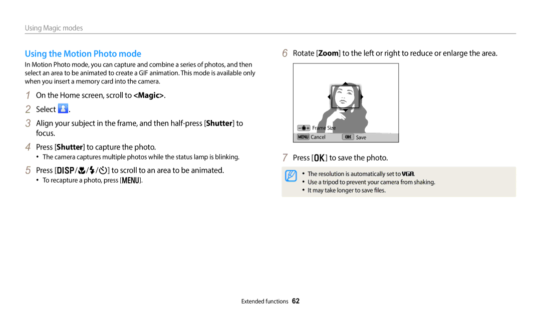 Samsung EC-DV150FBPBUS user manual Using the Motion Photo mode, Press D/c/F/t to scroll to an area to be animated 