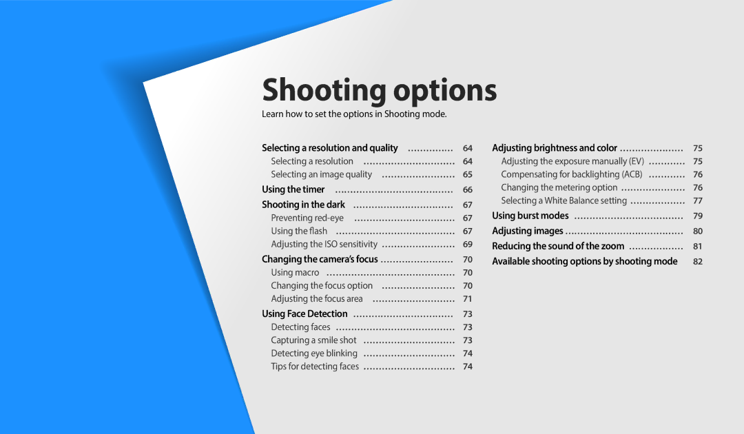 Samsung EC-DV150FBPBUS user manual Selecting a resolution and quality ……………, Changing the camera’s focus …………………… 