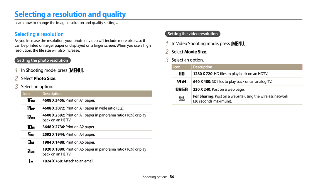 Samsung EC-DV150FBPBUS user manual Selecting a resolution and quality, Select Photo Size, Video Shooting mode, press m 