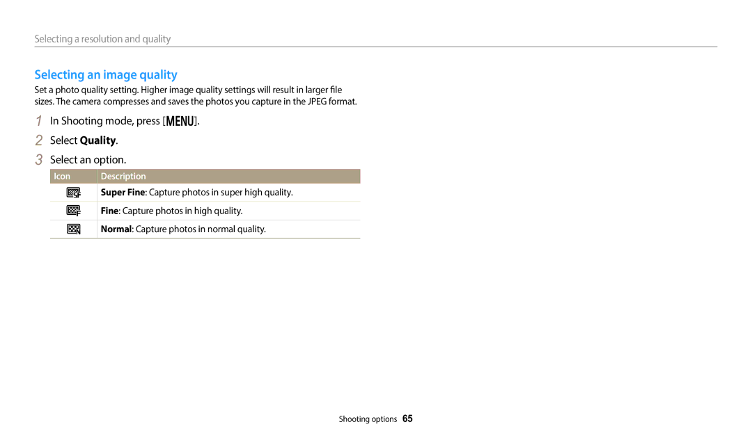 Samsung EC-DV150FBPBUS user manual Selecting an image quality, Shooting mode, press m Select Quality Select an option 