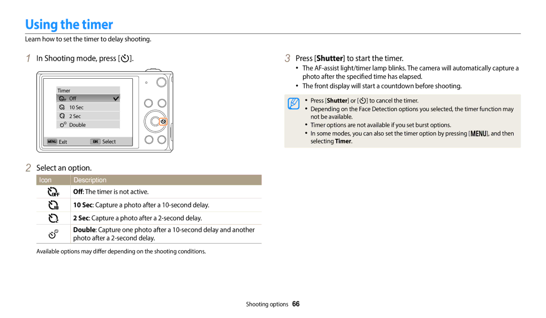 Samsung EC-DV150FBPBUS user manual Using the timer, Shooting mode, press t, Press Shutter to start the timer 