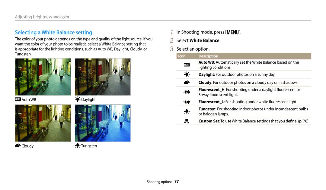 Samsung EC-DV150FBPBUS user manual Selecting a White Balance setting, Select White Balance 