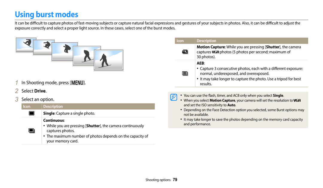 Samsung EC-DV150FBPBUS Using burst modes, Shooting mode, press m Select Drive Select an option, Continuous, Captures 