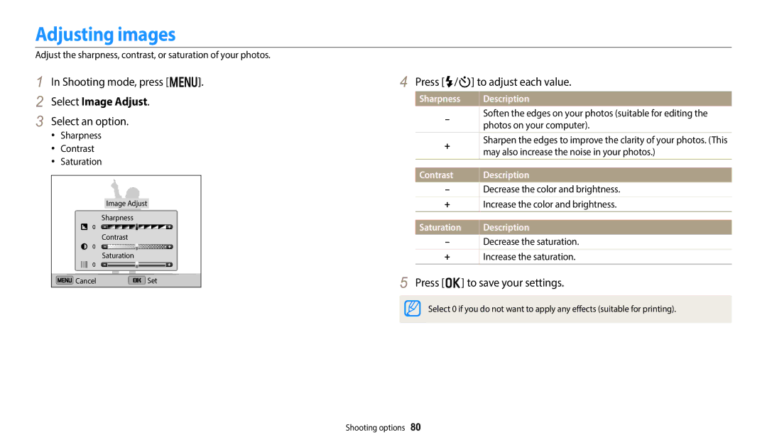 Samsung EC-DV150FBPBUS user manual Adjusting images, Select Image Adjust, Press F/t to adjust each value 