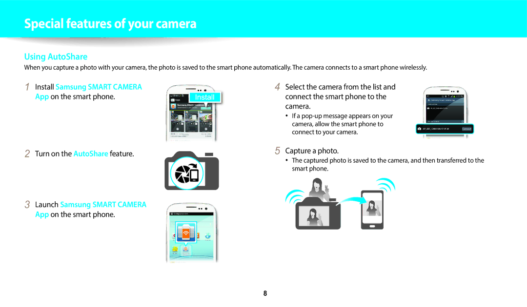 Samsung EC-DV150FBPBUS user manual App on the smart phone Turn on the AutoShare feature, Capture a photo 