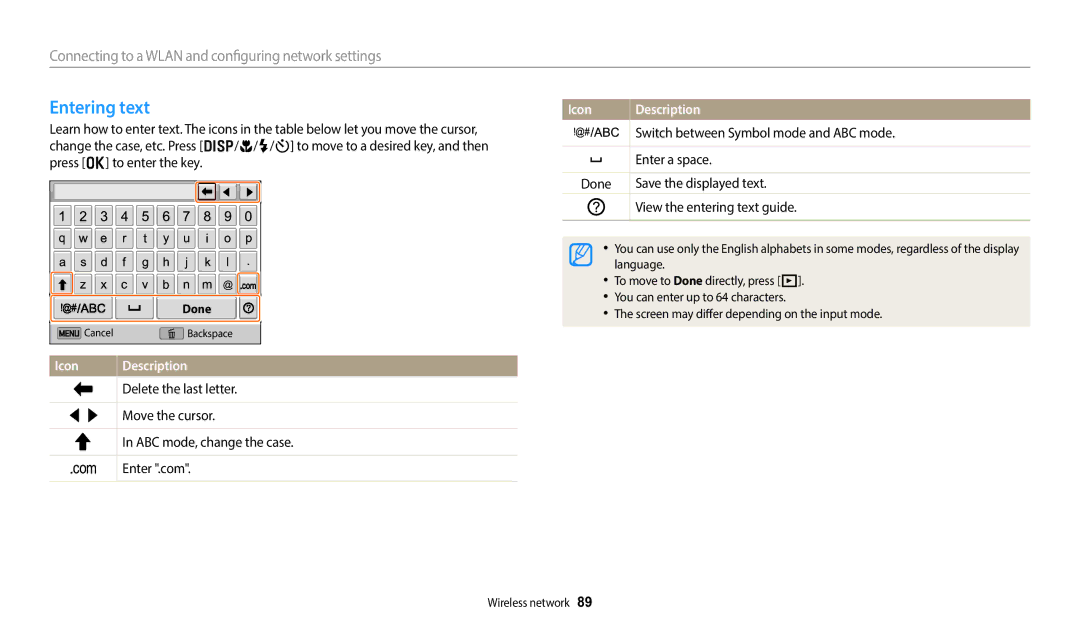 Samsung EC-DV150FBPBUS user manual Entering text, Switch between Symbol mode and ABC mode, Enter a space 