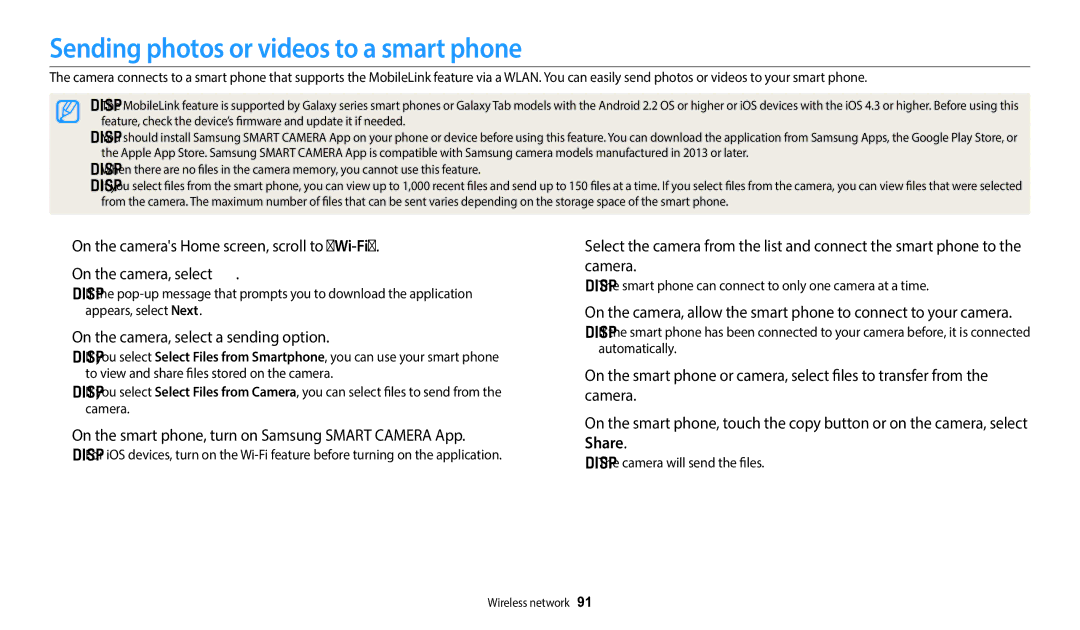 Samsung EC-DV150FBPBUS user manual Sending photos or videos to a smart phone, On the camera, select a sending option, Share 