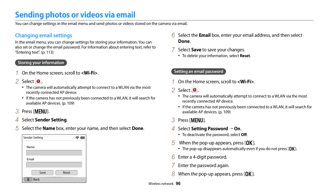 Samsung EC-DV150FBPBUS user manual Sending photos or videos via email, Changing email settings, Select Sender Setting 