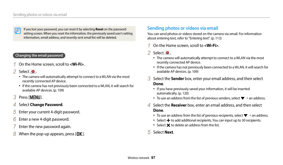 Samsung EC-DV150FBPBUS user manual Sending photos or videos via email, Select Change Password, Done, Select Next 