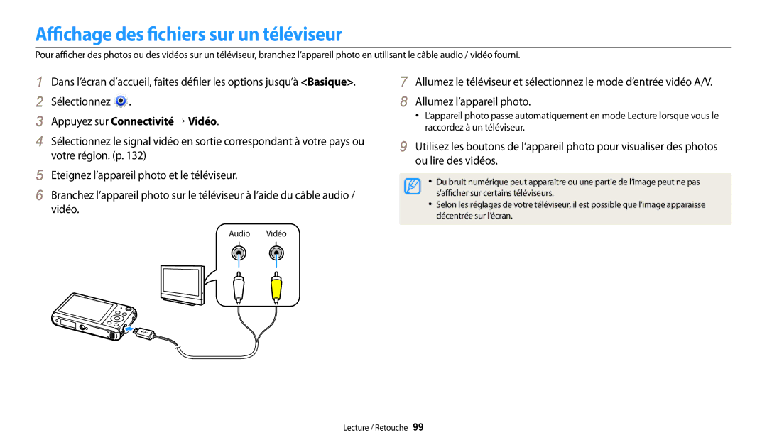 Samsung EC-DV150FBPBFR, EC-DV150FBPLFR manual Affichage des fichiers sur un téléviseur, Appuyez sur Connectivité → Vidéo 