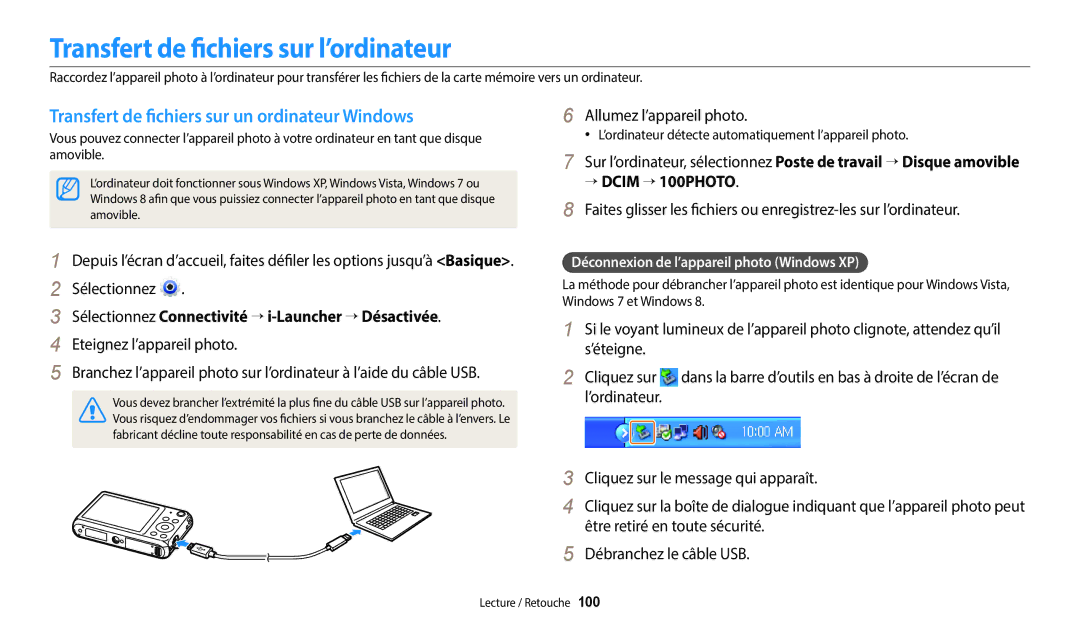 Samsung EC-DV150FBPWFR manual Transfert de fichiers sur l’ordinateur, Transfert de fichiers sur un ordinateur Windows 