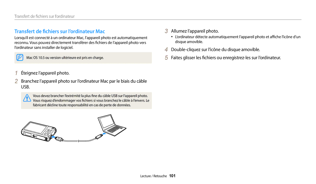 Samsung EC-DV150FBPLFR, EC-DV150FBPBFR, EC-DV150FBPWFR manual Transfert de fichiers sur l’ordinateur Mac 