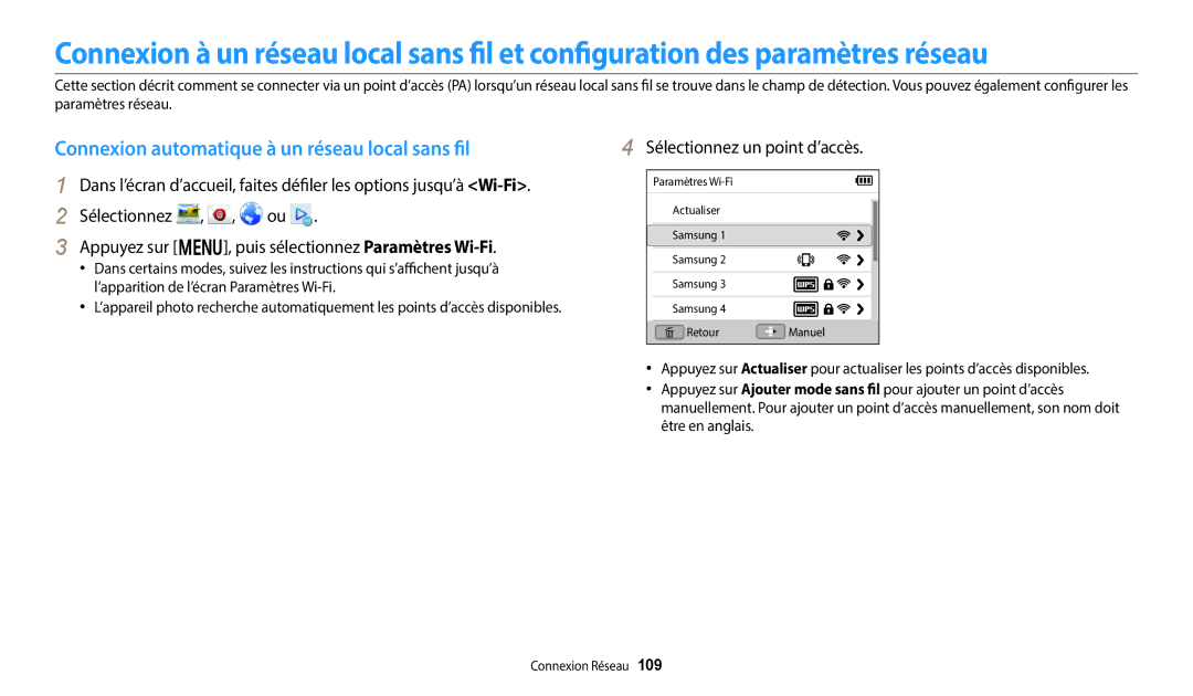 Samsung EC-DV150FBPWFR, EC-DV150FBPLFR Connexion automatique à un réseau local sans fil, Sélectionnez un point d’accès 