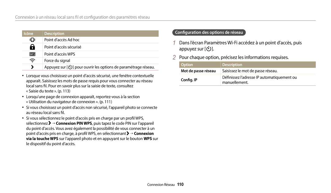 Samsung EC-DV150FBPLFR, EC-DV150FBPBFR, EC-DV150FBPWFR manual Configuration des options de réseau, Config. IP 