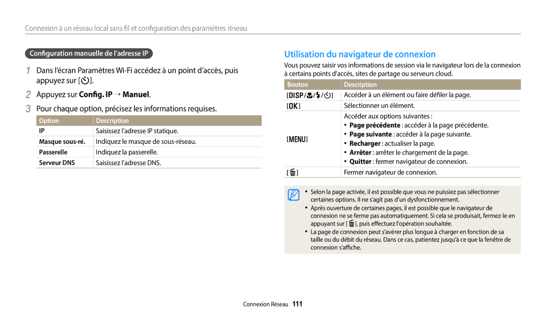 Samsung EC-DV150FBPBFR manual Utilisation du navigateur de connexion, Appuyez sur t, Appuyez sur Config. IP → Manuel 