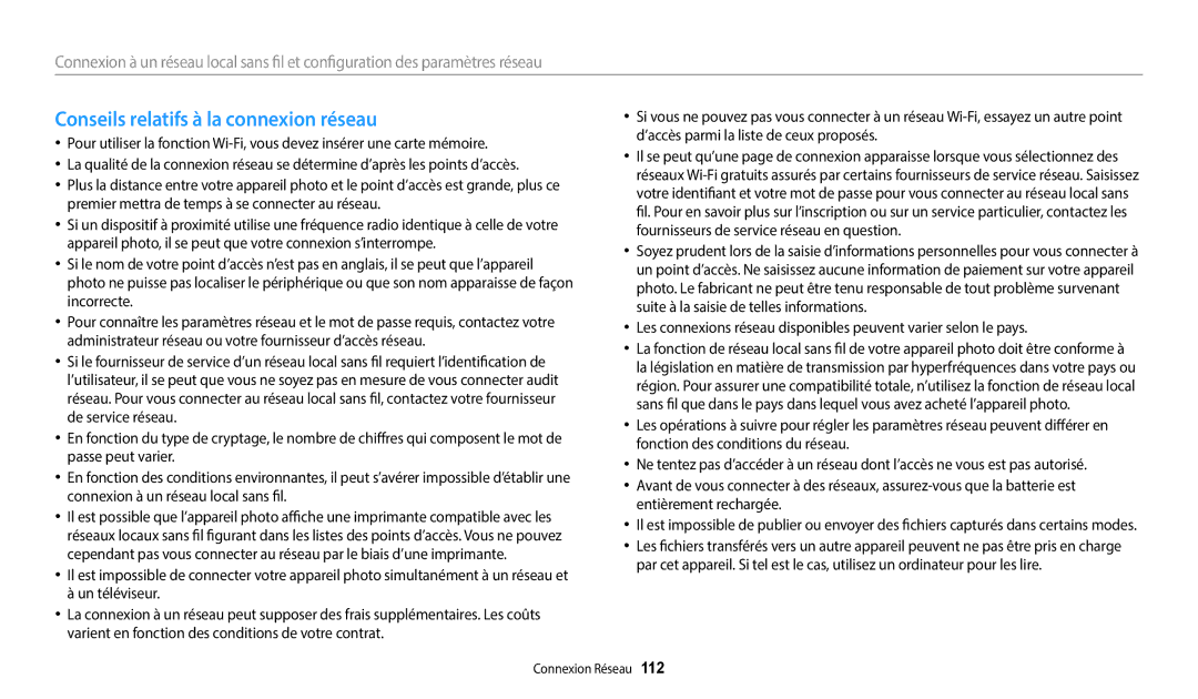 Samsung EC-DV150FBPWFR, EC-DV150FBPLFR, EC-DV150FBPBFR manual Conseils relatifs à la connexion réseau 