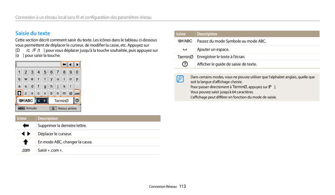 Samsung EC-DV150FBPLFR, EC-DV150FBPBFR, EC-DV150FBPWFR manual Saisie du texte, Terminé 