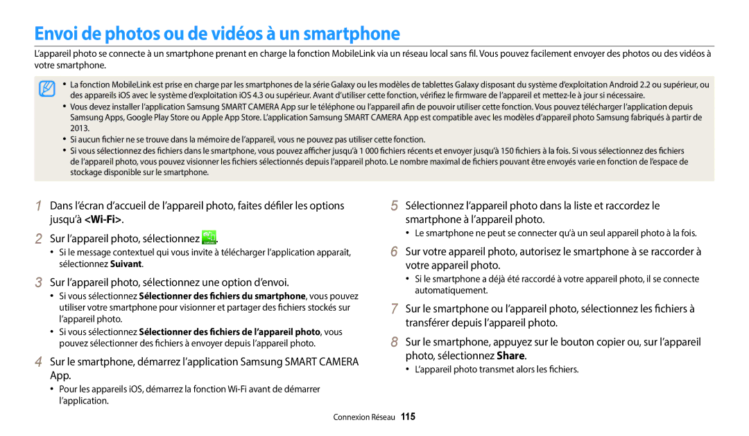 Samsung EC-DV150FBPWFR Envoi de photos ou de vidéos à un smartphone, Sur l’appareil photo, sélectionnez une option d’envoi 