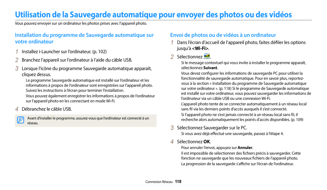 Samsung EC-DV150FBPWFR Envoi de photos ou de vidéos à un ordinateur, Sélectionnez Sauvegarder sur le PC, Sélectionnez OK 