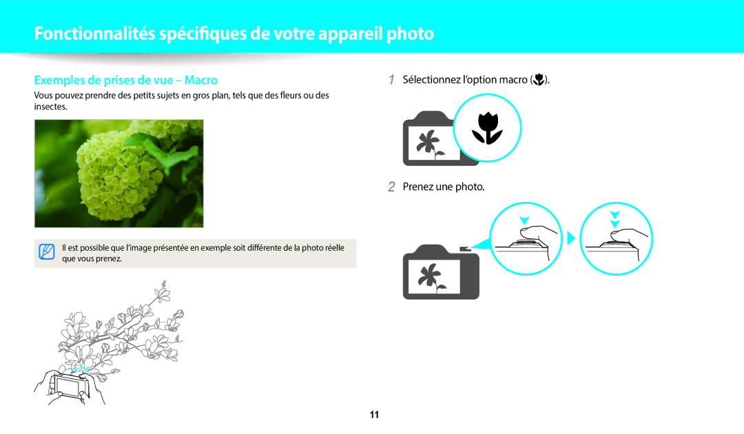 Samsung EC-DV150FBPLFR, EC-DV150FBPBFR manual Exemples de prises de vue Macro, Sélectionnez l’option macro Prenez une photo 