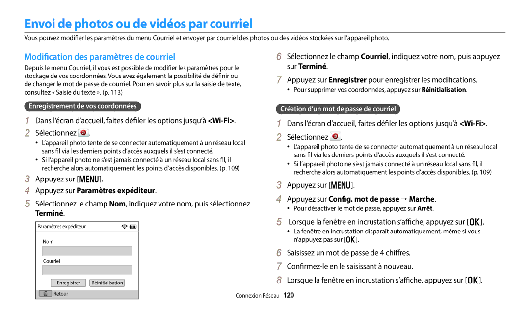 Samsung EC-DV150FBPBFR, EC-DV150FBPLFR Envoi de photos ou de vidéos par courriel, Modification des paramètres de courriel 