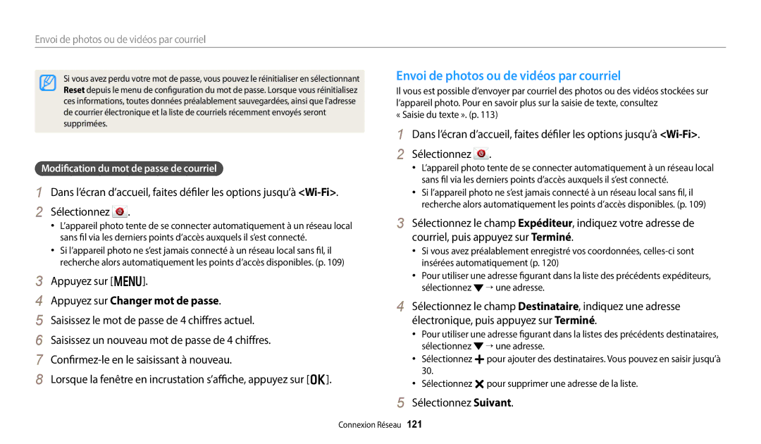 Samsung EC-DV150FBPWFR Envoi de photos ou de vidéos par courriel, Appuyez sur Changer mot de passe, Sélectionnez Suivant 