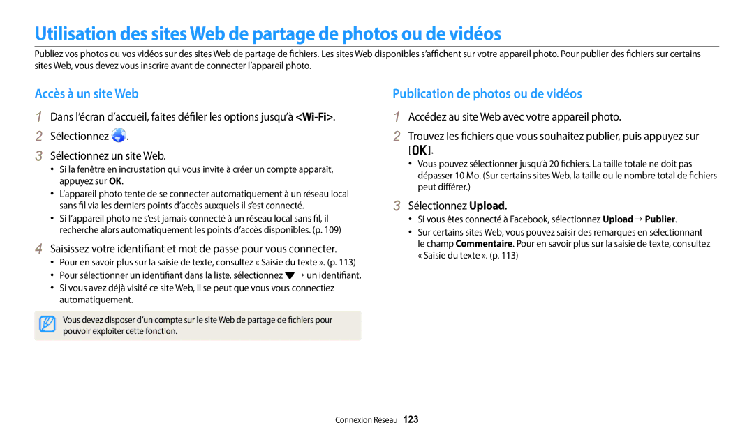 Samsung EC-DV150FBPBFR, EC-DV150FBPLFR Utilisation des sites Web de partage de photos ou de vidéos, Accès à un site Web 