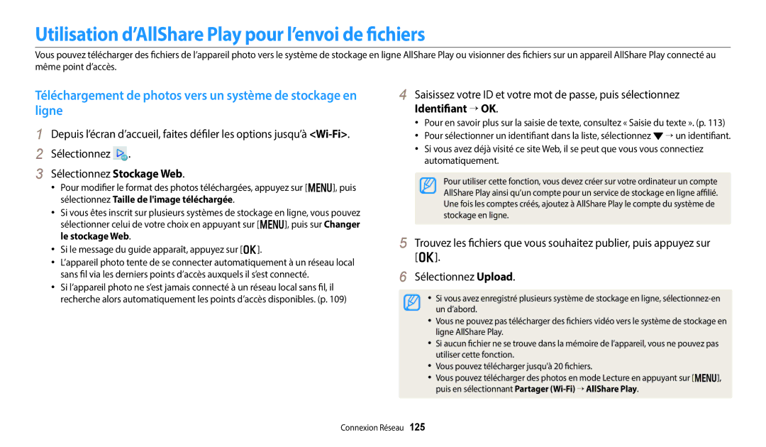 Samsung EC-DV150FBPLFR, EC-DV150FBPBFR, EC-DV150FBPWFR manual Utilisation d’AllShare Play pour l’envoi de fichiers 