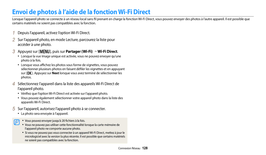 Samsung EC-DV150FBPLFR manual Envoi de photos à l’aide de la fonction Wi-Fi Direct, La photo sera envoyée à l’appareil 