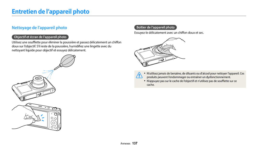 Samsung EC-DV150FBPLFR Entretien de l’appareil photo, Nettoyage de l’appareil photo, Objectif et écran de l’appareil photo 