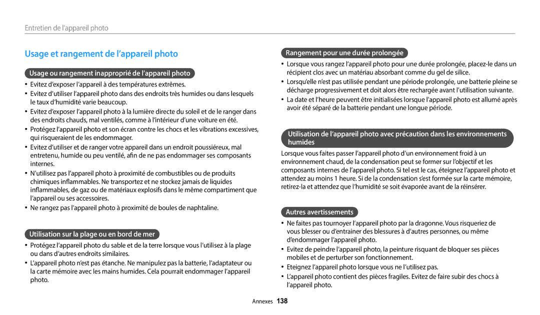 Samsung EC-DV150FBPBFR manual Usage et rangement de l’appareil photo, Usage ou rangement inapproprié de l’appareil photo 