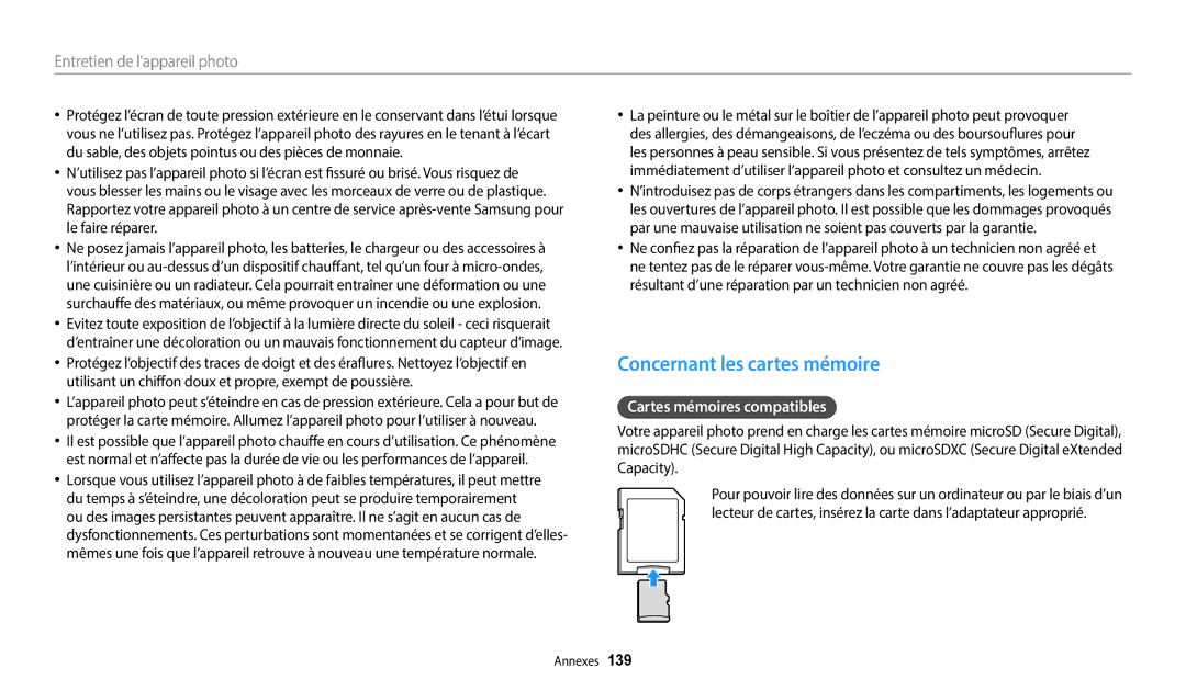 Samsung EC-DV150FBPWFR, EC-DV150FBPLFR, EC-DV150FBPBFR manual Concernant les cartes mémoire, Cartes mémoires compatibles 