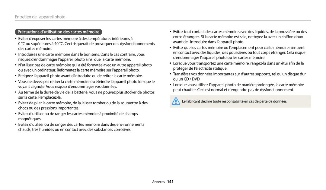 Samsung EC-DV150FBPBFR, EC-DV150FBPLFR, EC-DV150FBPWFR manual Précautions d’utilisation des cartes mémoire 