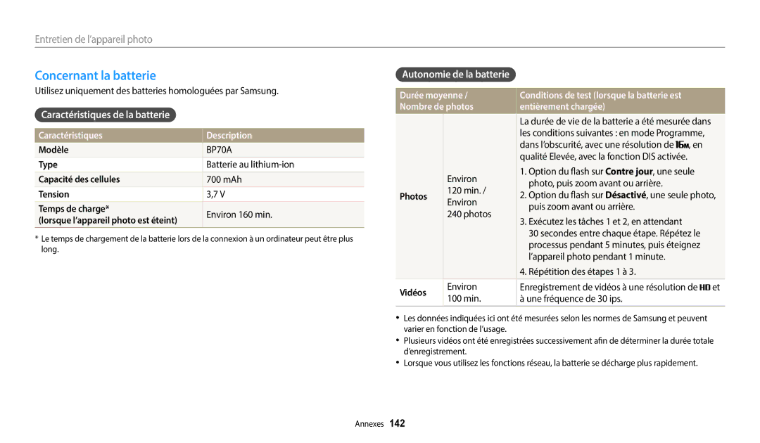 Samsung EC-DV150FBPWFR manual Concernant la batterie, Caractéristiques de la batterie, Caractéristiques Description 