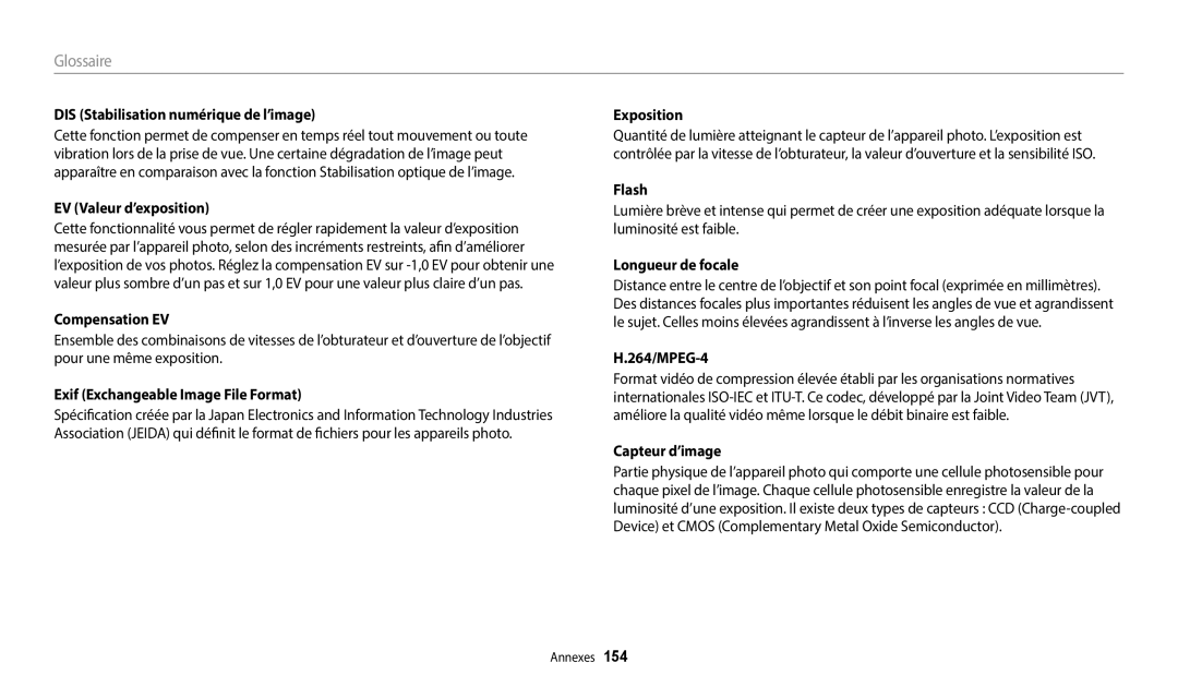 Samsung EC-DV150FBPWFR manual DIS Stabilisation numérique de l’image, EV Valeur d’exposition, Compensation EV, Exposition 