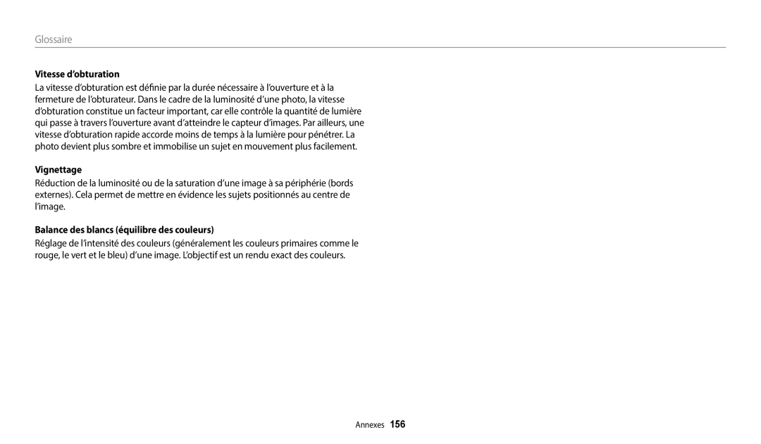 Samsung EC-DV150FBPBFR, EC-DV150FBPLFR, EC-DV150FBPWFR manual Vitesse d’obturation, Balance des blancs équilibre des couleurs 