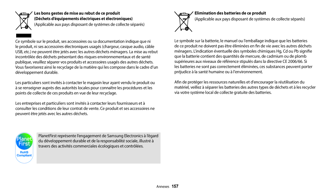 Samsung EC-DV150FBPWFR, EC-DV150FBPLFR, EC-DV150FBPBFR manual Elimination des batteries de ce produit 