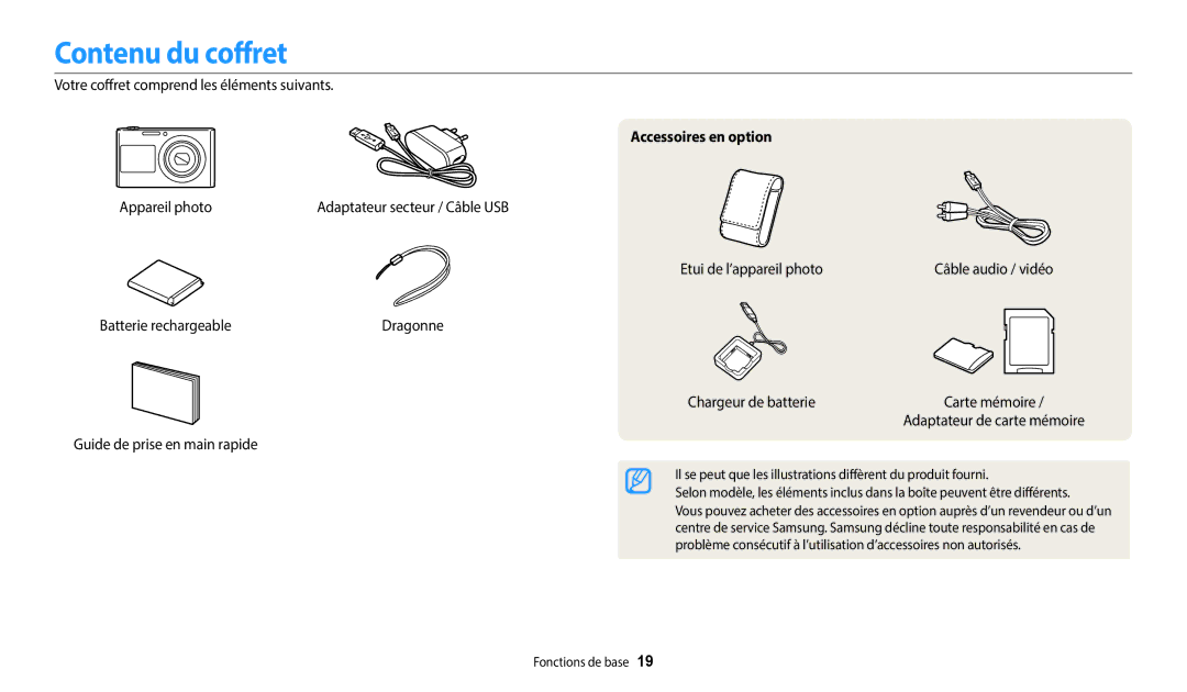 Samsung EC-DV150FBPWFR manual Contenu du coffret, Votre coffret comprend les éléments suivants, Accessoires en option 