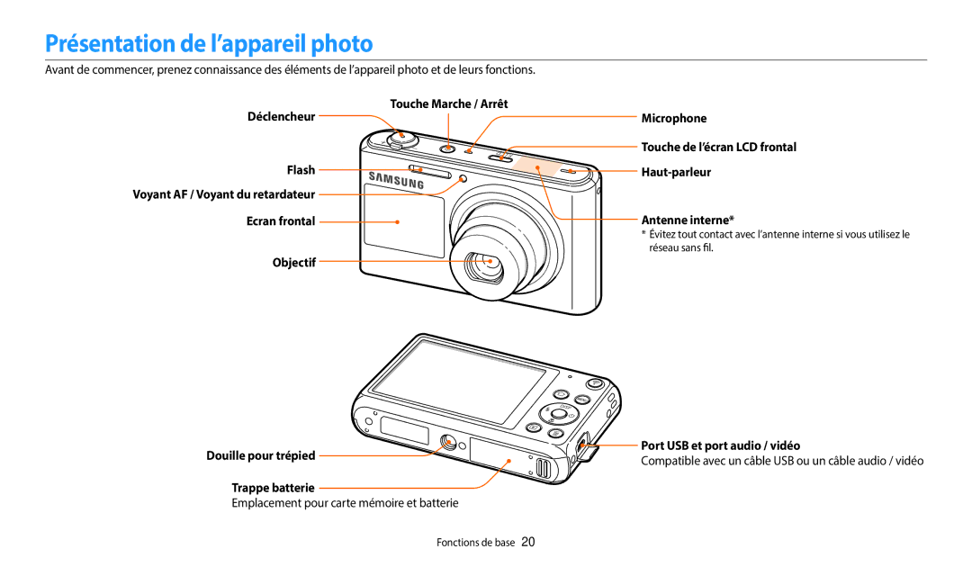 Samsung EC-DV150FBPLFR manual Présentation de l’appareil photo, Douille pour trépied Port USB et port audio / vidéo 