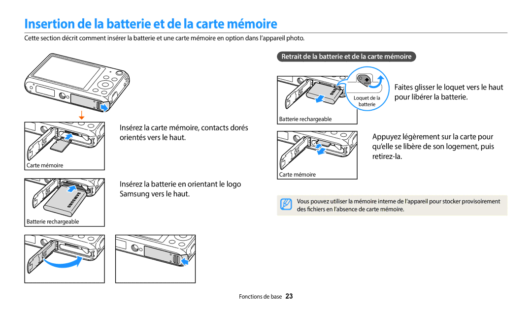 Samsung EC-DV150FBPLFR manual Insertion de la batterie et de la carte mémoire, Insérez la carte mémoire, contacts dorés 