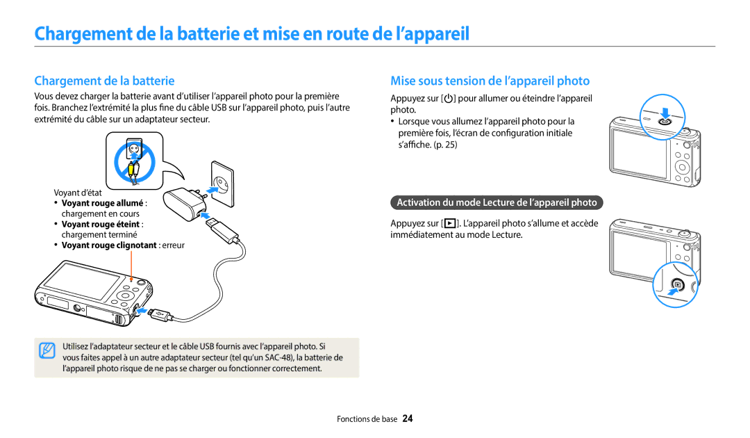 Samsung EC-DV150FBPBFR Chargement de la batterie et mise en route de l’appareil, Mise sous tension de l’appareil photo 