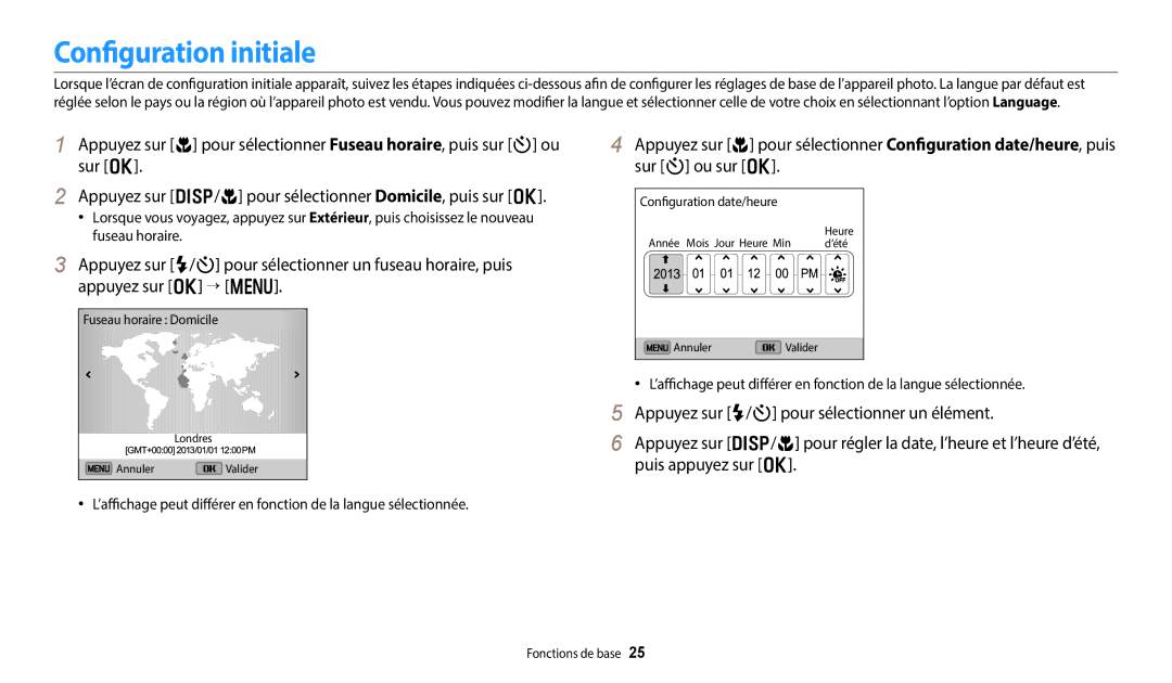 Samsung EC-DV150FBPWFR, EC-DV150FBPLFR, EC-DV150FBPBFR manual Configuration initiale 