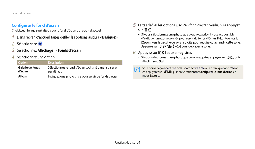 Samsung EC-DV150FBPWFR manual Configurer le fond d’écran, Sélectionnez Affichage → Fonds décran, Sélectionnez une option 