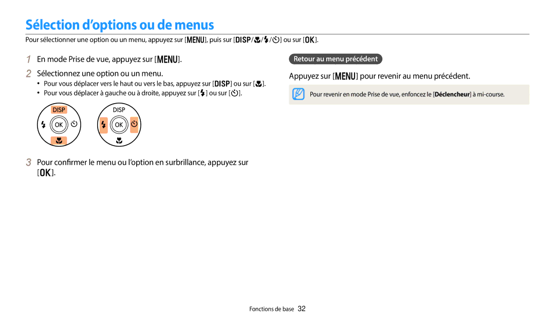 Samsung EC-DV150FBPLFR, EC-DV150FBPBFR manual Sélection d’options ou de menus, Appuyez sur m pour revenir au menu précédent 