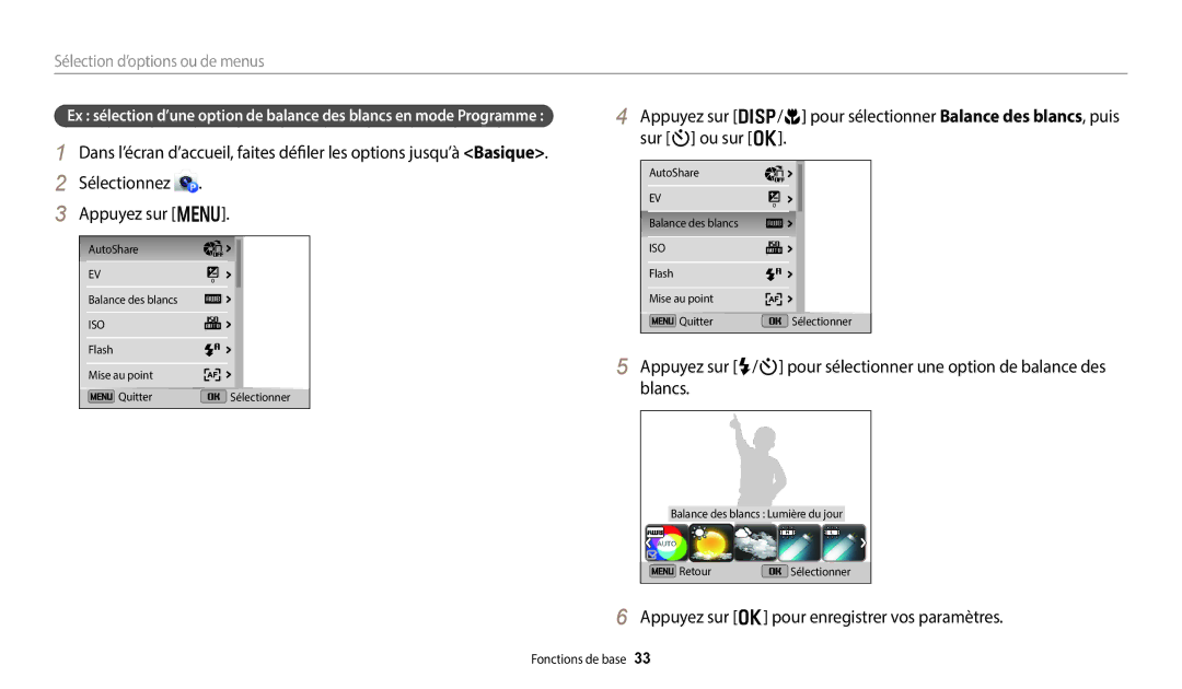 Samsung EC-DV150FBPBFR, EC-DV150FBPLFR manual Sur t ou sur o, Blancs, Appuyez sur o pour enregistrer vos paramètres 