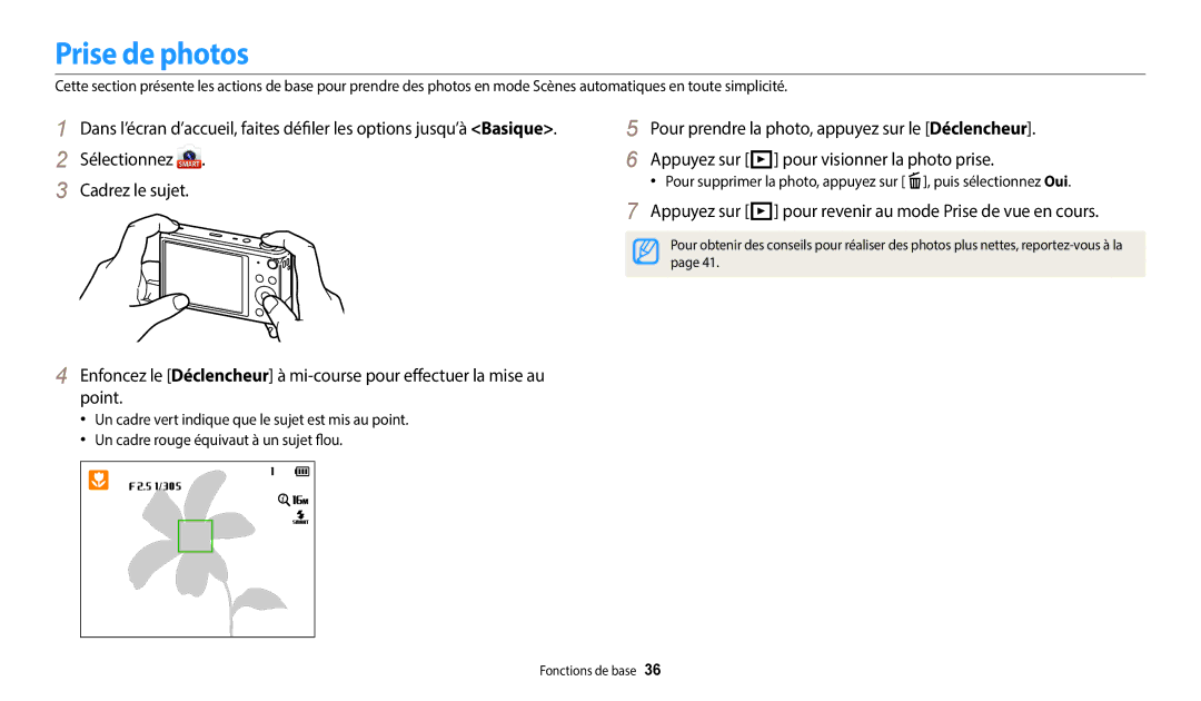 Samsung EC-DV150FBPBFR, EC-DV150FBPLFR manual Prise de photos, Appuyez sur P pour revenir au mode Prise de vue en cours 