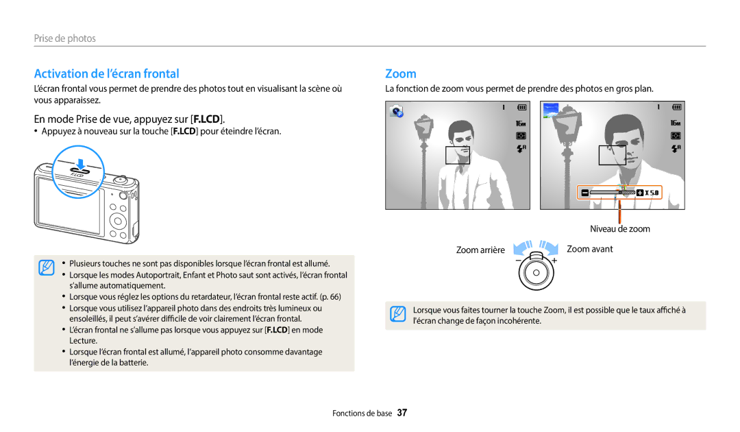 Samsung EC-DV150FBPWFR, EC-DV150FBPLFR manual Activation de l’écran frontal, Zoom, En mode Prise de vue, appuyez sur F.LCD 