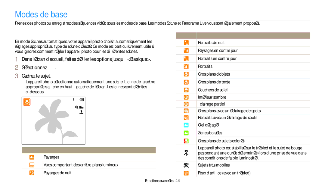 Samsung EC-DV150FBPLFR manual Modes de base, Mode Scènes automatiques, Paysages, Vues comportant des arrière-plans lumineux 