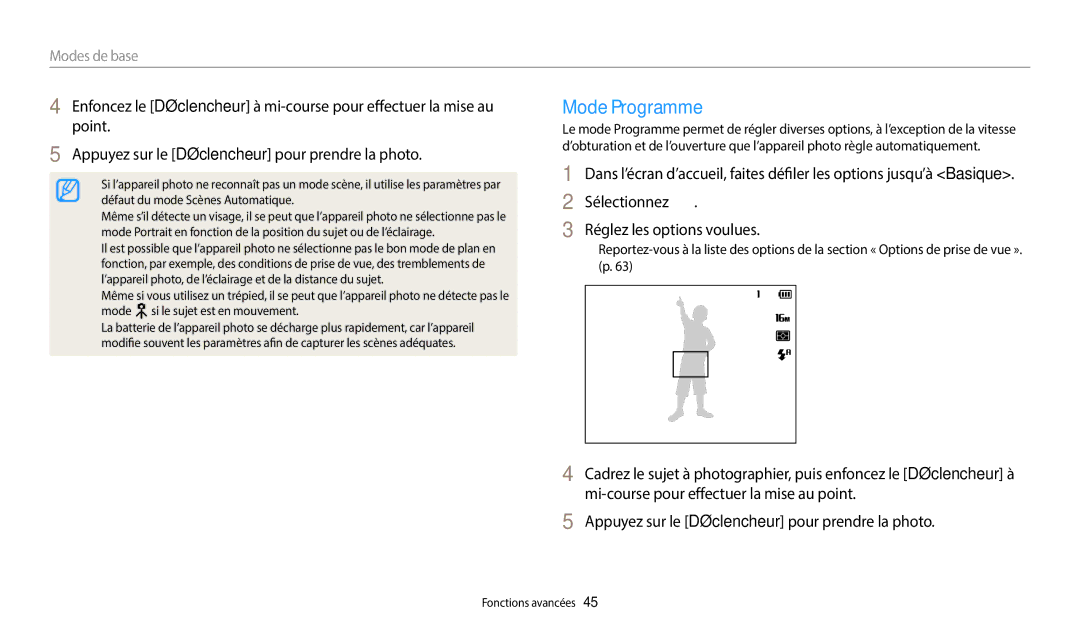 Samsung EC-DV150FBPBFR, EC-DV150FBPLFR, EC-DV150FBPWFR manual Mode Programme, Sélectionnez Réglez les options voulues 