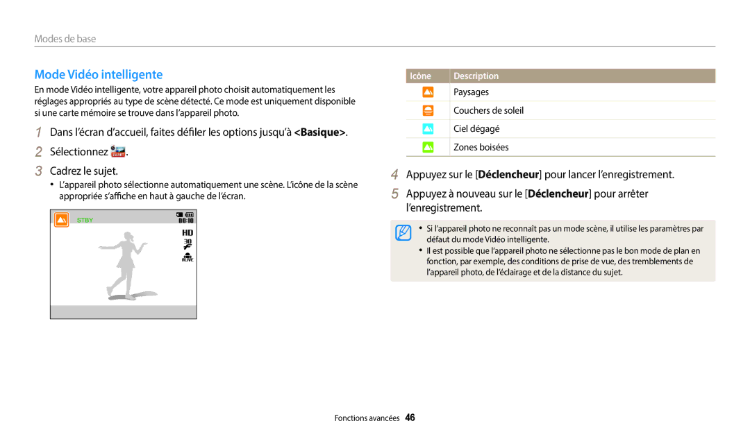 Samsung EC-DV150FBPWFR, EC-DV150FBPLFR, EC-DV150FBPBFR manual Mode Vidéo intelligente, Sélectionnez Cadrez le sujet 